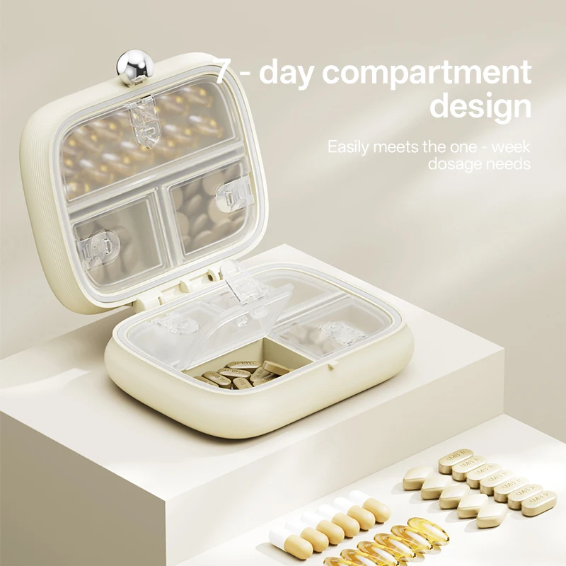 7 Day Portable Pill Box with Rotary Dose Reminder Leakproof Travel Vitamin Organizer for Daily Medication Storage