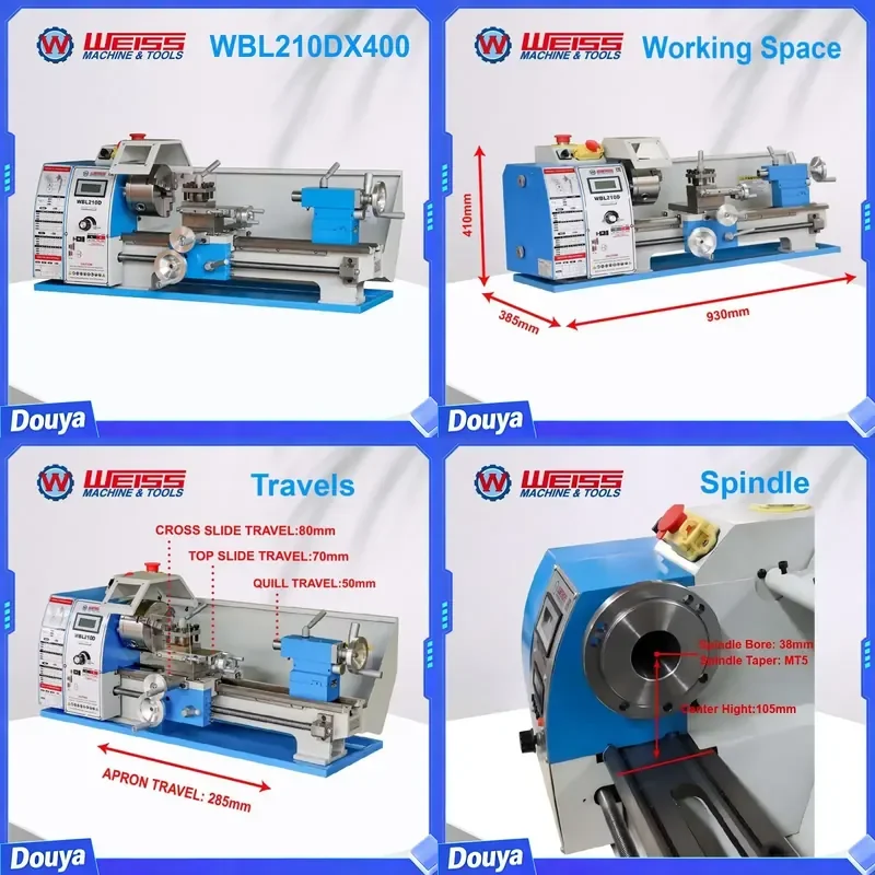 WEISS Metal Lathe WBL210D 400mm Spindle Bore 38mm 1100W BLDC Motor Variable Speed 2500rpm for Precision Metalworking