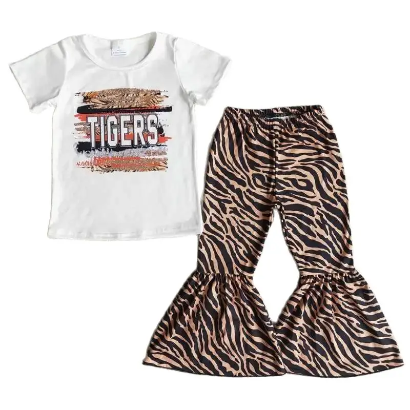 

New Product Fashion Style Kids TIGERS Letters White Cotton Short Sleeve Tiger Print Flared Pants Kids Suit