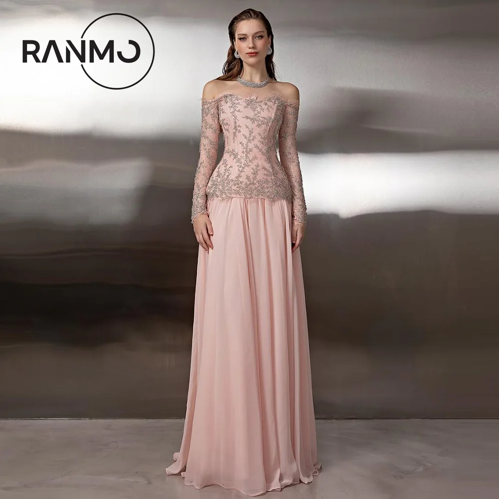 Ranmo elegante vestido De noche rosa mujer sirena apliques De manga larga Sexy Vestidos De fiesta De graduación moda Vestidos De Novia personalizados