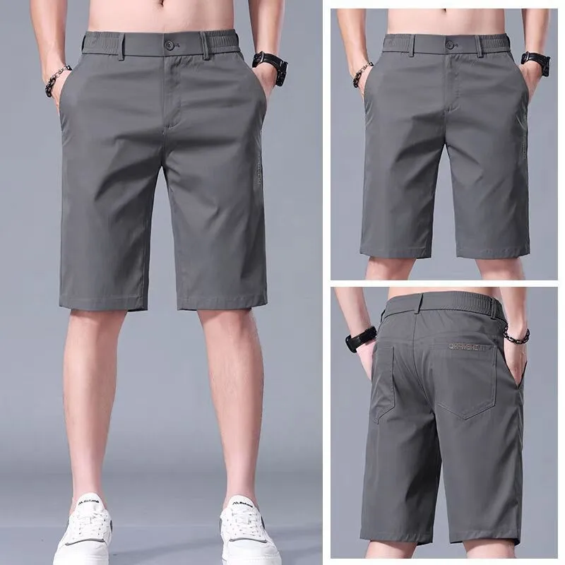 

Мужские летние шорты из ледяного шелка 2025: тонкие, быстросохнущие, прямые, повседневные брюки до колена с декоративной молнией на талии, романтический дизайн.