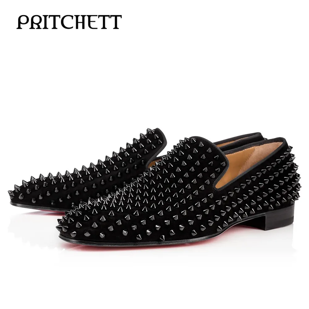 

Black Spiked Rivet Loafers Round Toe Pull-On Suede Casual Shoes Personality Fashion Large Size Designer Men's Shoes