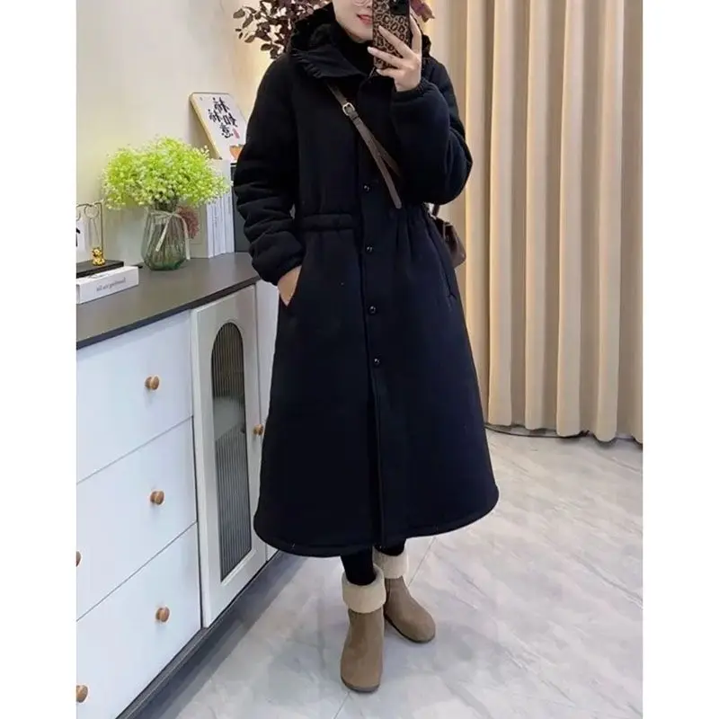 Women's Winter Robe Hooded High-end Three-layer Thickened Cotton Clothes Temperament Black Gold Outside Long Loungewear