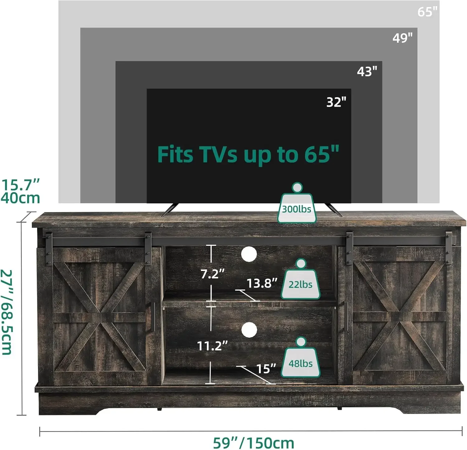 Farmhouse Entertainment Center with Storage Cabinet and Sliding Barn Doors, Rustic TV Cabin