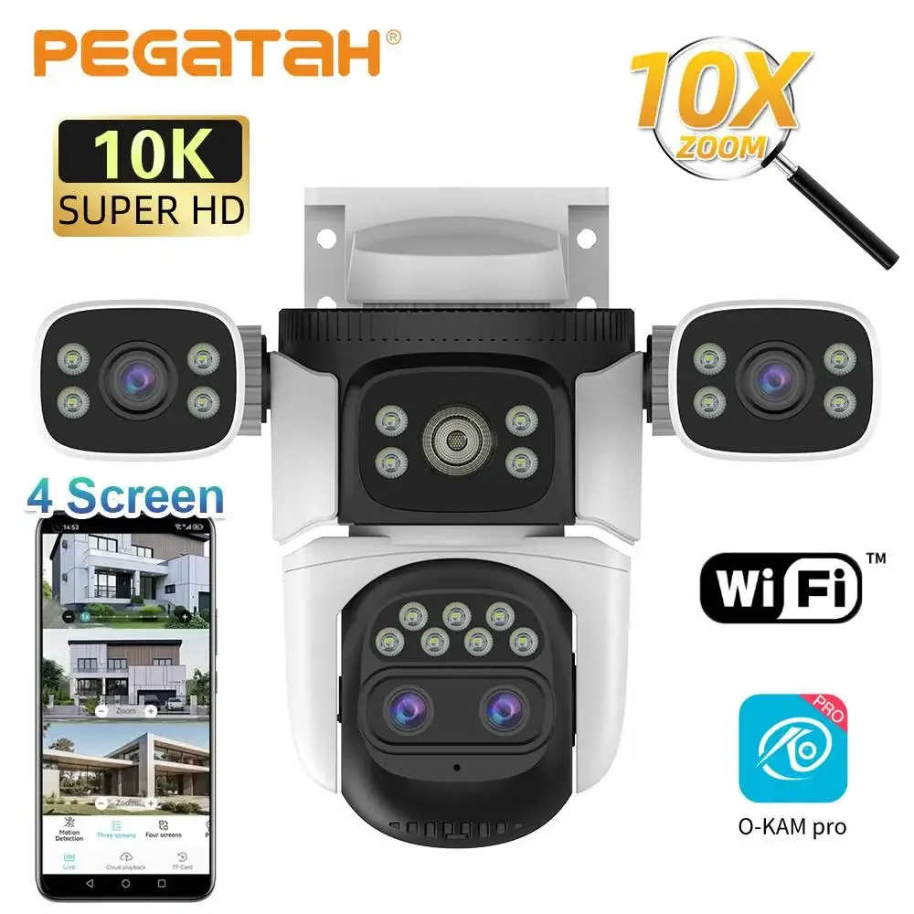 

PEGATAH 20MP 10K 10X Zoom Четыре экрана Wi-Fi IP-камера Беспроводная уличная четыре объектива PTZ Камеры наблюдения с автоматическим отслеживанием человека