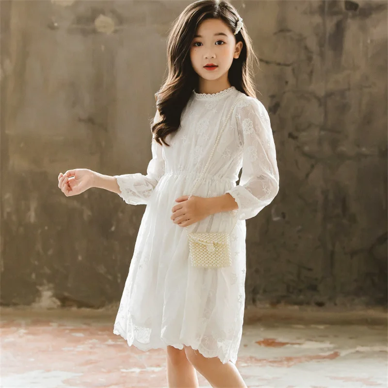 Kids Dresses Teenage White Wedding Party Lace Girl Dress Long Sleeve Children Carnival Spring Autumn 6 8 10 12 14 16 Years