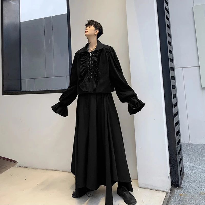 Men Dark Medieval Court Puff Sleeve Shirt Retro Lace Up Top Stage Performance Costume