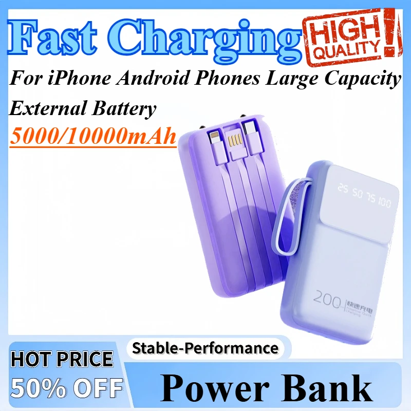 

5000/10000mAh Fast Charging Mini Power Bank Built-in Cable Large Capacity External Battery Compatible For iPhone Android Phones