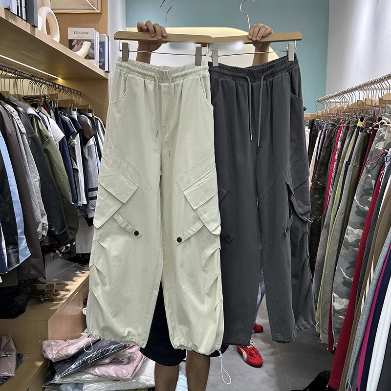 American Sle Women's Cargo Pants High Waist Wide Leg Casual Trousers Elastic Waist ket Design Slimming Trendy Pants