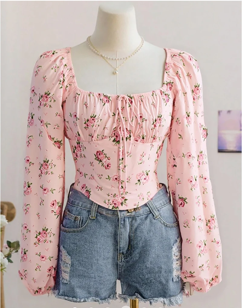 

Весенняя новая рубашка во французском стиле с длинными рукавами и пуловер с цветочным принтом для женской модной верхней одежды с принтом