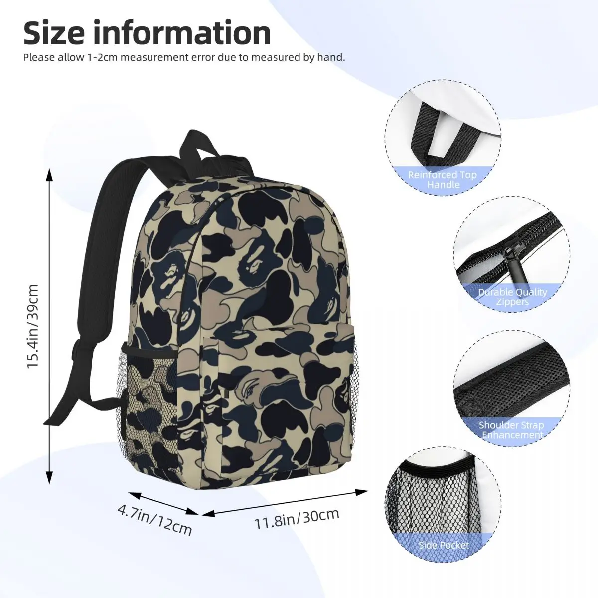 Like-APE-BAPE-sytle impresso leve mochila casual, adequado para a escola, ao ar livre, compras, escritório, 15 Polegada