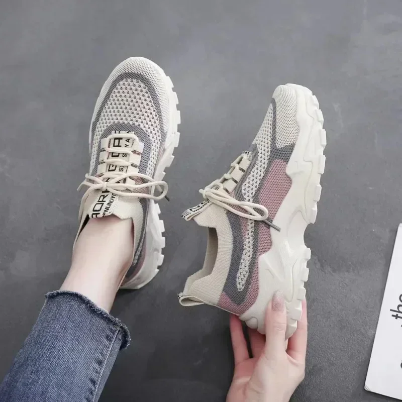 2024 New Fly Woven Mesh Casual Breathable Sneakers Korean Style Thick-Soled Daddy Shoes Mesh Red Shoes Light Running/ Shoes