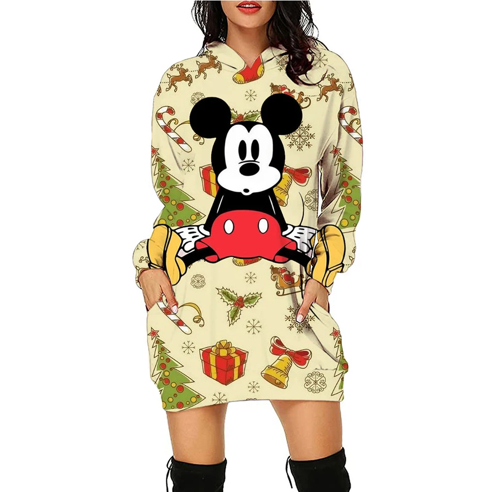 Christmas Disney Mickey Mouse Fall Women's Hoodie Dress Fashion Sweatshirt Dress Women's Pocket Hoodie Casual Dress Mini Dress