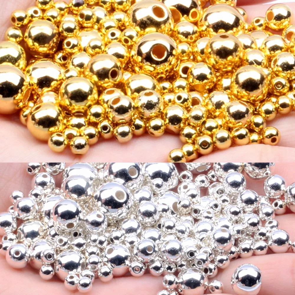 3mm-12mm pozłacane/posrebrzane sztuczna perła akrylowe koraliki okrągłe perłowe rozproszone koraliki do tworzenia biżuterii DIY