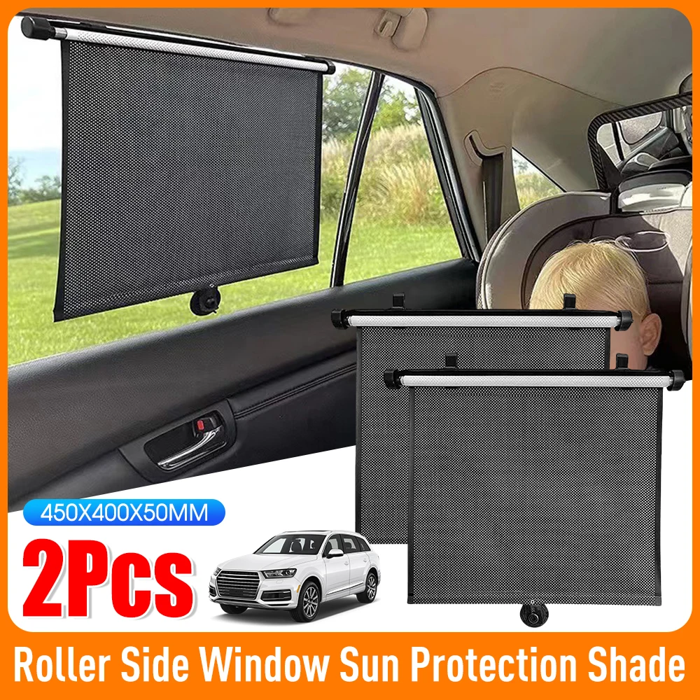 

2PCS Car Retractable Sunshade Curtain Side Window Curtains 15 Inch Heat-Insulating Roller Sunshade With Suction Cup Car Sunshade