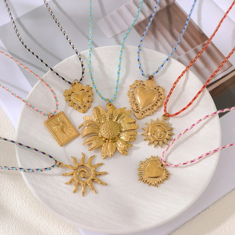 Fashionable retro elegant titanium steel flower love sun woven drawstring necklace