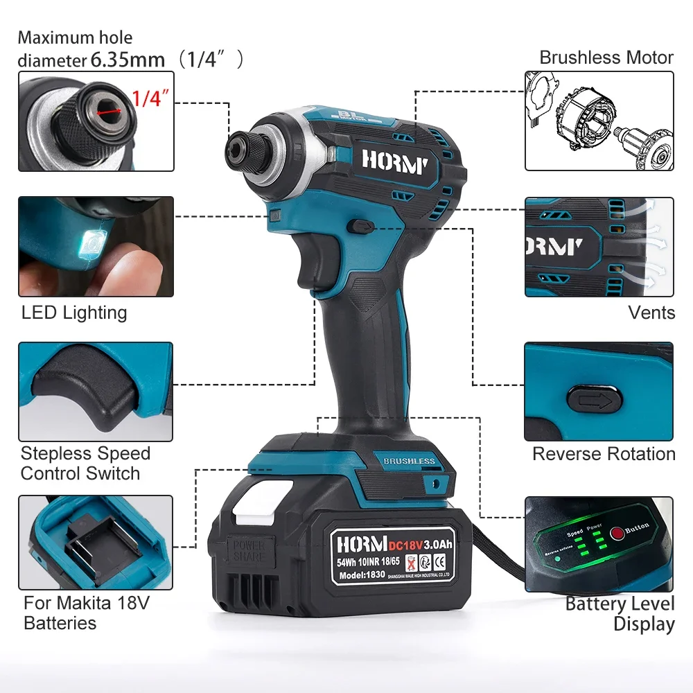 180N.m Borstelloze Elektrische Schroevendraaier Draadloze Slagmoersleutel 1/4 inch 3 Speed Boor Driver LED Power Tool Voor Makita 18V batterij