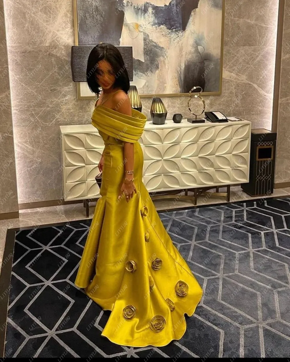 LIYYLHQ Long Yellow Prom Dresses Elegant Off-Shoulder Mermaid Evening Flower Satin Formal Occasion Gown For Women 2024