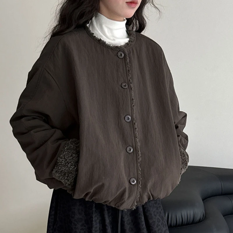 

Vintage Simple Imitation Lamb Wool Round Neck Warm Jacket for Women's Winter Fashion Loose Casual Versatile Korean Chic Jacket