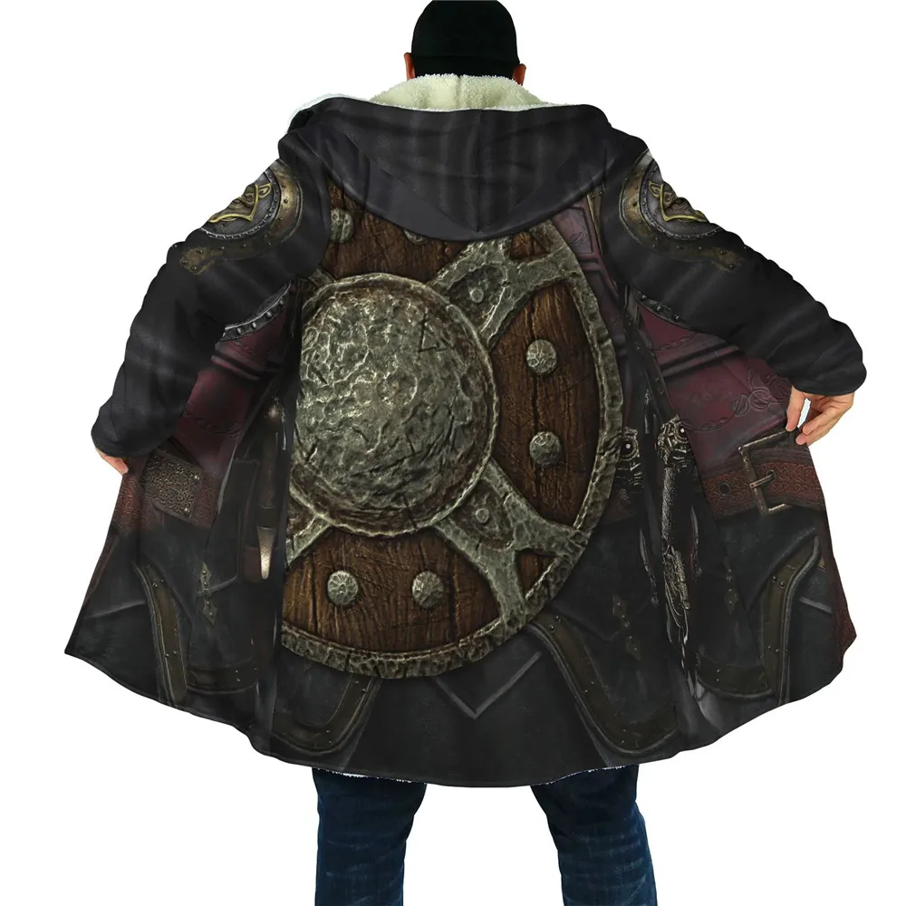 CLOOCL Viking Mens Cloak Retro Viking Armor 3D Printed Fleece Hooded Cloak Winter Keep Warm Coat Windproof Cape Hooded Blanket