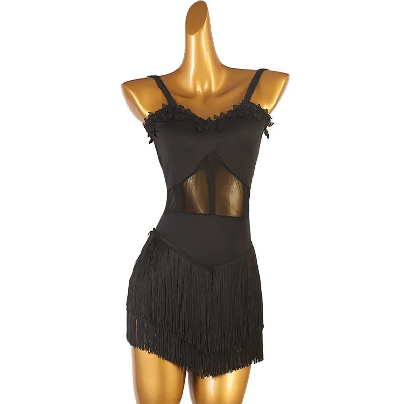 Spaghetti strap lace trim decoration waist abdomen see‑through splice multi‑layer tassel short dance dress for latin dance pract