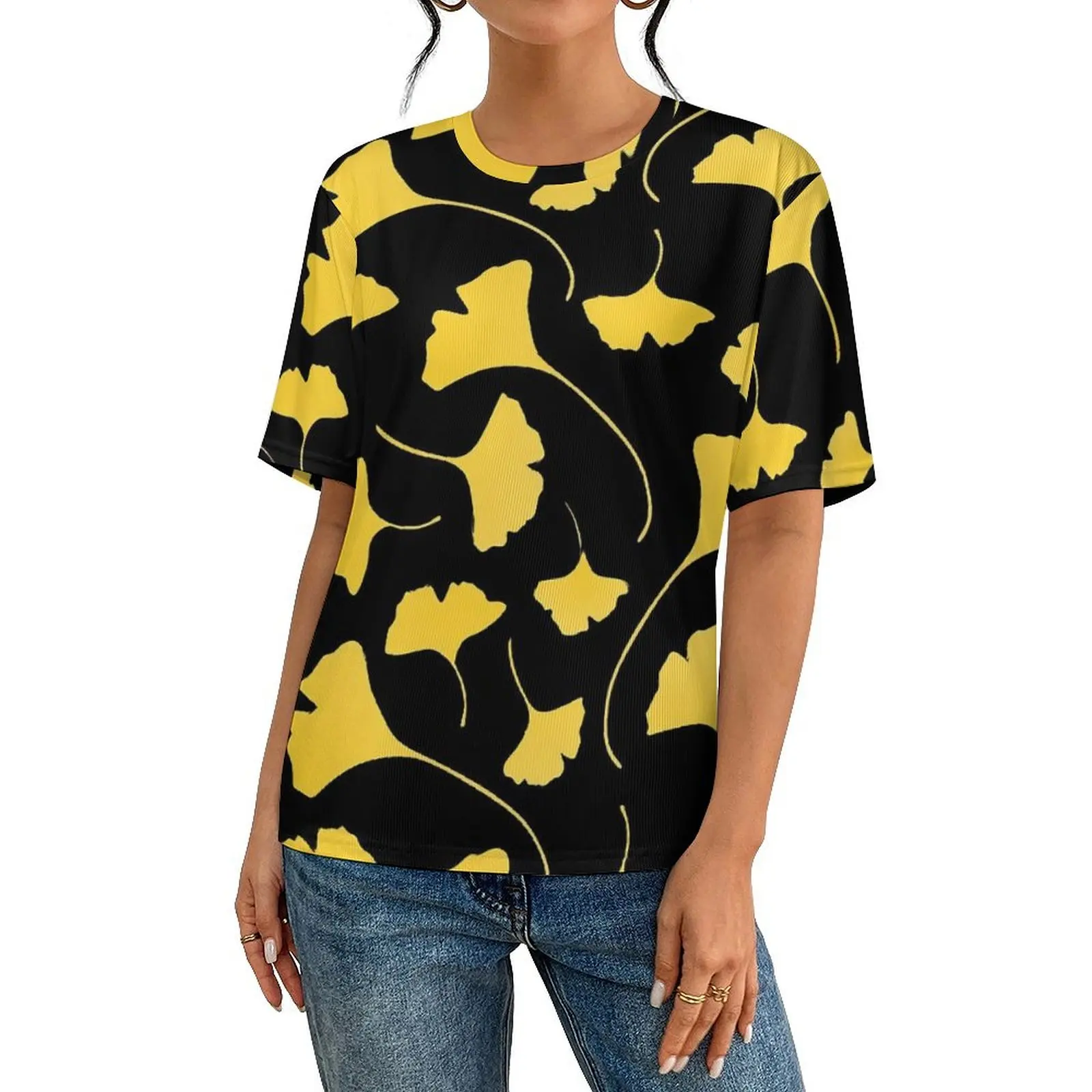 Couple Ginkgo Biloba T-Shirt Yellow Leaves Print Fashion T-Shirts Short Sleeves Design Tops Hot Sale Summer Funny Oversize Tees