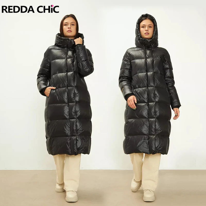 

REDDACHiC Gold x Черный пуховик с капюшоном Теплое повседневное стеганое пальто на молнии на молнии Длинные парки-пуховики Зимняя женская верхняя одежда