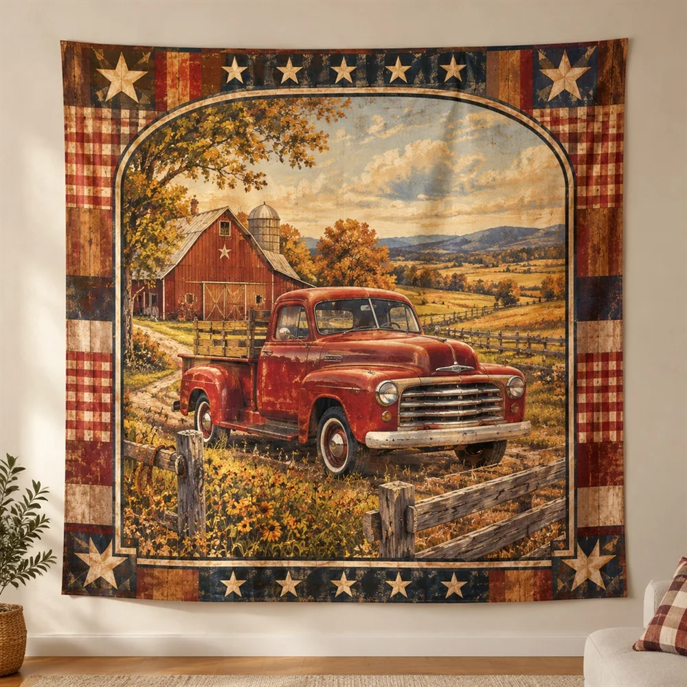 VIKAMA Vintage Pickup Truck Framed Panel Tapestry Wall Hanging, American Wall Decor Tapestries for Nursery Kids Room Bedroom