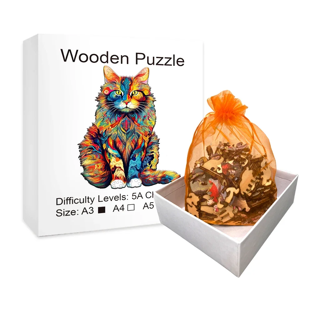 Puzzle en bois en forme d\'animal irrégulier pour chat, jouet de haute difficulté, anniversaire, Noël, document proxy