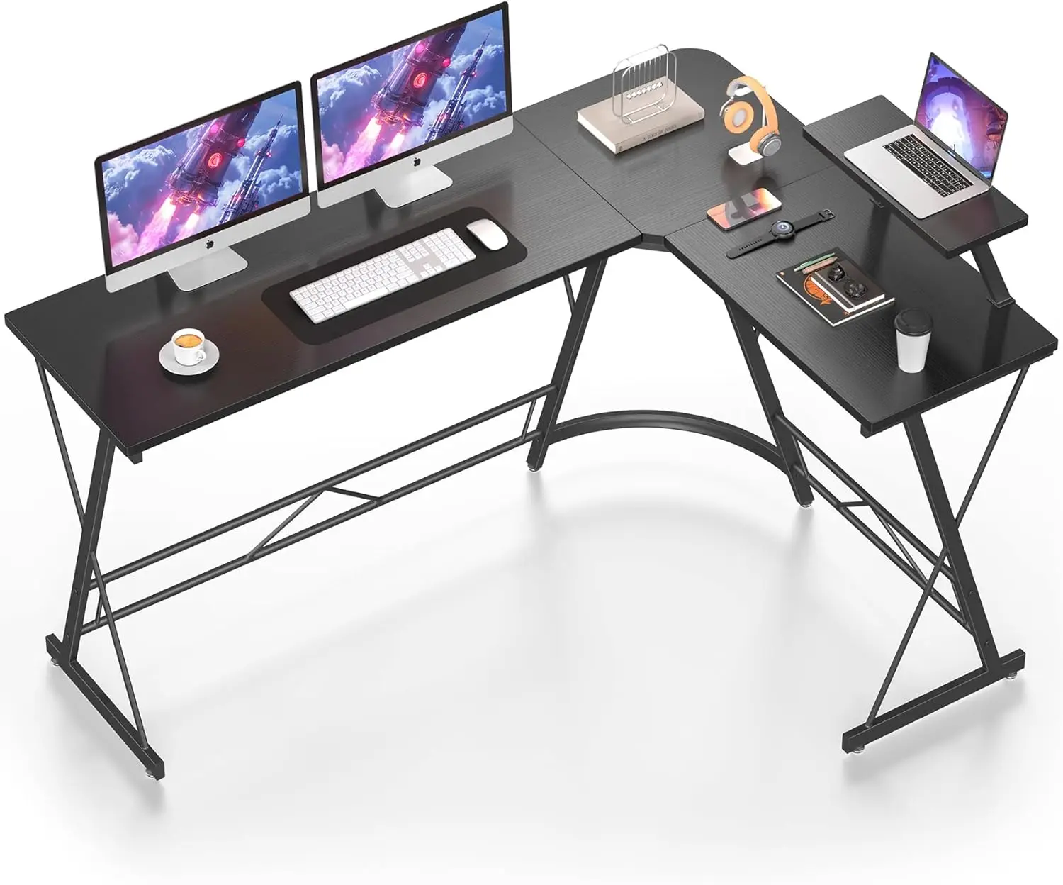 

63" L Shaped Computer Desk, Corner Desk, Home Office Desk, Gaming Writing Workstation with Large Monitor Stand, Black Willow