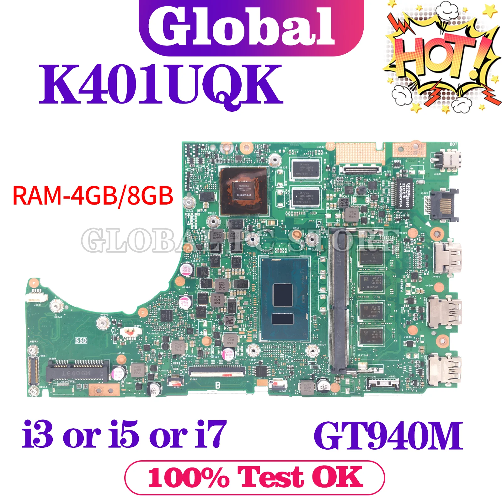 K401UB Mainboard For ASUS K401UQ K401UQK A401U V401U K401U A400U Laptop Motherboard i3 i5 i7 6th/7th 4GB/8GB-RAM GT940M