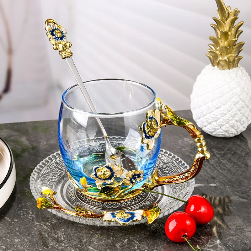 325/350ml Flower Tea Cup Glass Crystal Cup Large Capacity High End Hand Gift Light Luxury Jasmine Flower Mug With Spoon