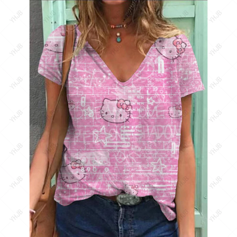 2025 Vendita calda estiva T-shirt con scollo a V da donna carina Stampa 3D Hello Kitty Cartoon T-shirt da donna Top Abbigliamento divertente Manica corta