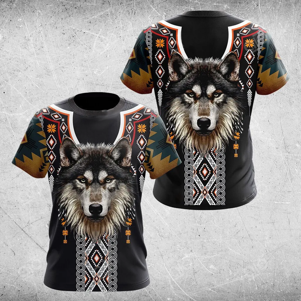 Men Tribal Wolf Print T Shirt Native Pattern Short Sleeve Casual Tee