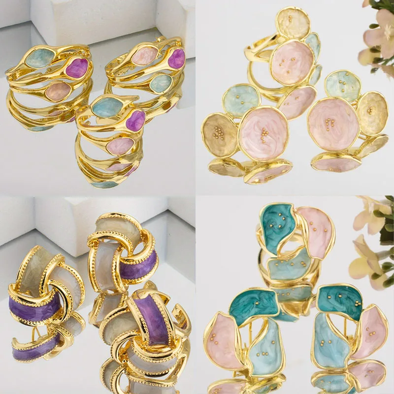 

African Colorful Earrings Ring Women Gold Fashion Luxury Jewelry Set Premium Party Wedding Gift Daily Wear Jewelry Wholesale