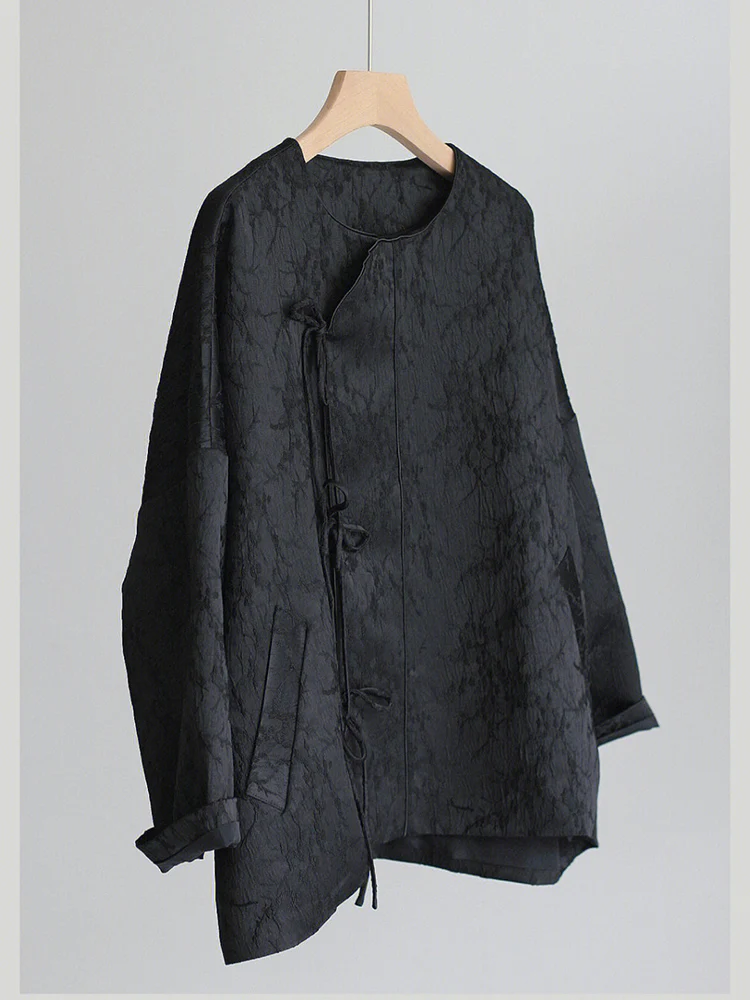 

Elegant Black Chinese Style Button up Shirt Women's Jacket Spring 2024 Fashion Commute round Neck Long Sleeve Midi Coat