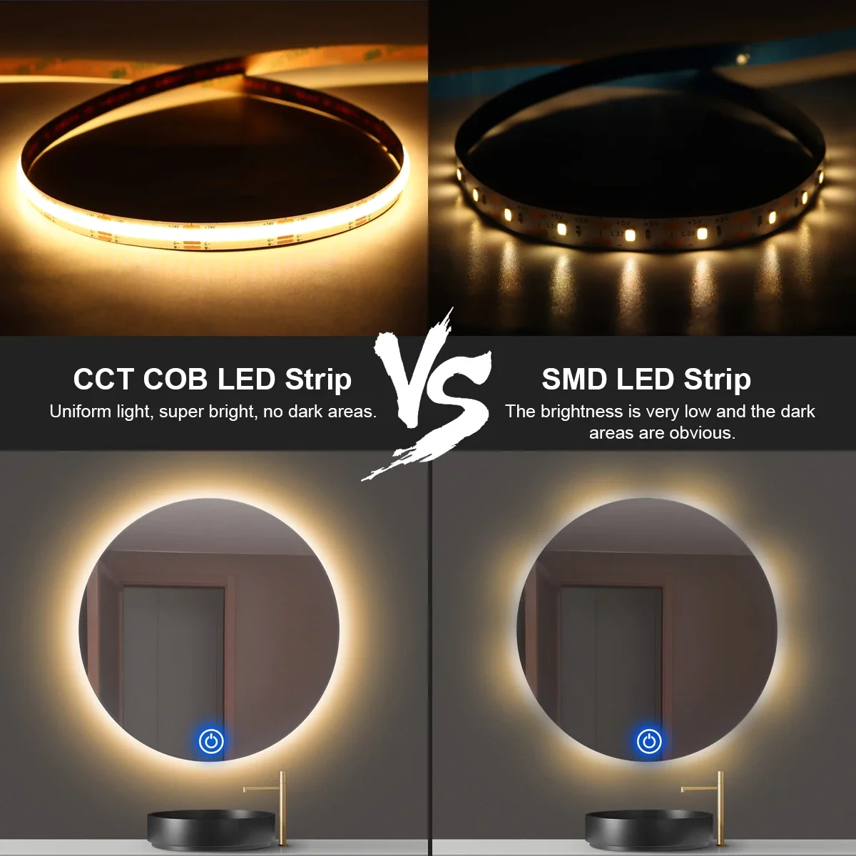 CCT‑Adjustable 2700K-6500K COB LED Strip Light Kit, Mirror Touch Dimmable Switch, 24V DC Backlight Strip for Bathroom Mirror Dec