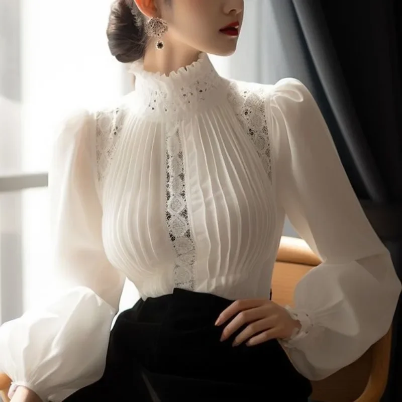 Women\'s Solid Color Stand Collar Blouses Spring 2024 New Fashion Commute Ruched Patchwork Lace Hollow Out Long Sleeve Shirt Tops