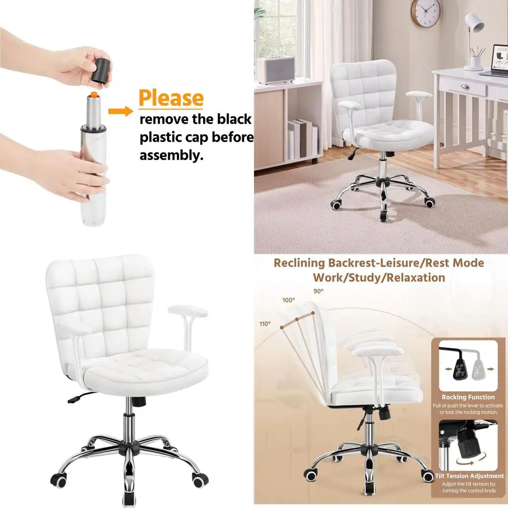 

Modern White Upholstered Adjustable Office Chair with Detachable Armrests for Home/Office Desk Use