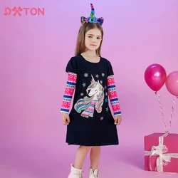DXTON Girls Casual Dresses Unicorn Cartoon New Year Kids Gift Children Cotton Clothing Snowflake Xmas Toddler Dress Costume
