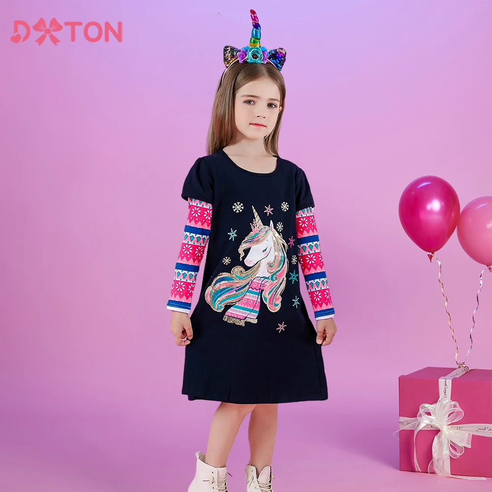 DXTON Girls Casual Dresses Unicorn Cartoon New Year Kids Gift Children Cotton Clothing Snowflake Xmas Toddler Dress Costume