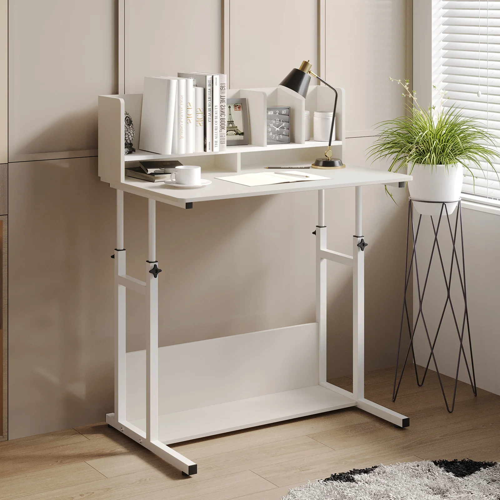 AnneFish Large Liftable Bedside Study Computer Desk with Lower Storage Rack with Wheels Removable Table