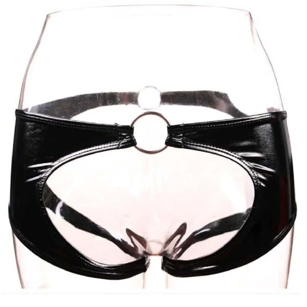 النساء Crotchless الملاكمين PVC فو الجلود سراويل مع حلقة سحب الخصر مشرق الجبهة الخلفية الجوف خارج الملاكمين الصغيرة سيور الملابس الداخلية