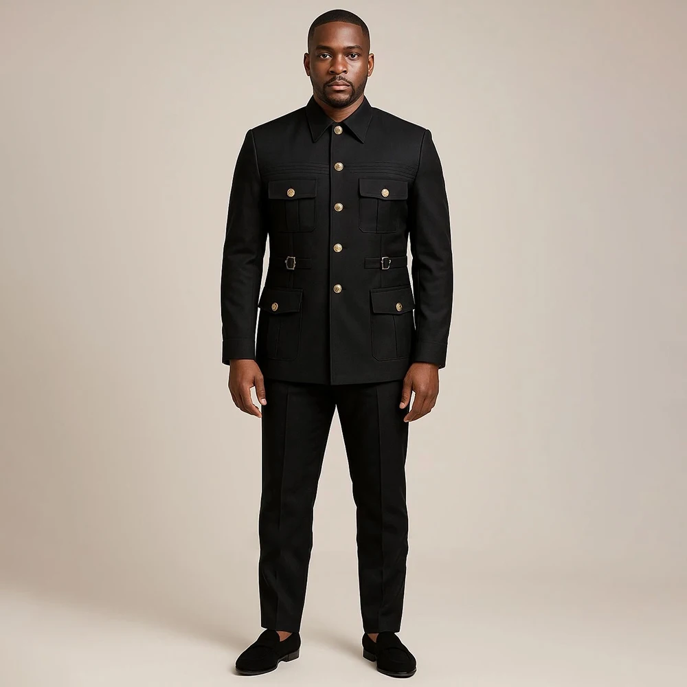 

Black Men's Suits Solid Color Single Breasted Stand Lapel Slim Fit 2 Piece Jacket Pants Outfits High Quality Male Clothing Sets