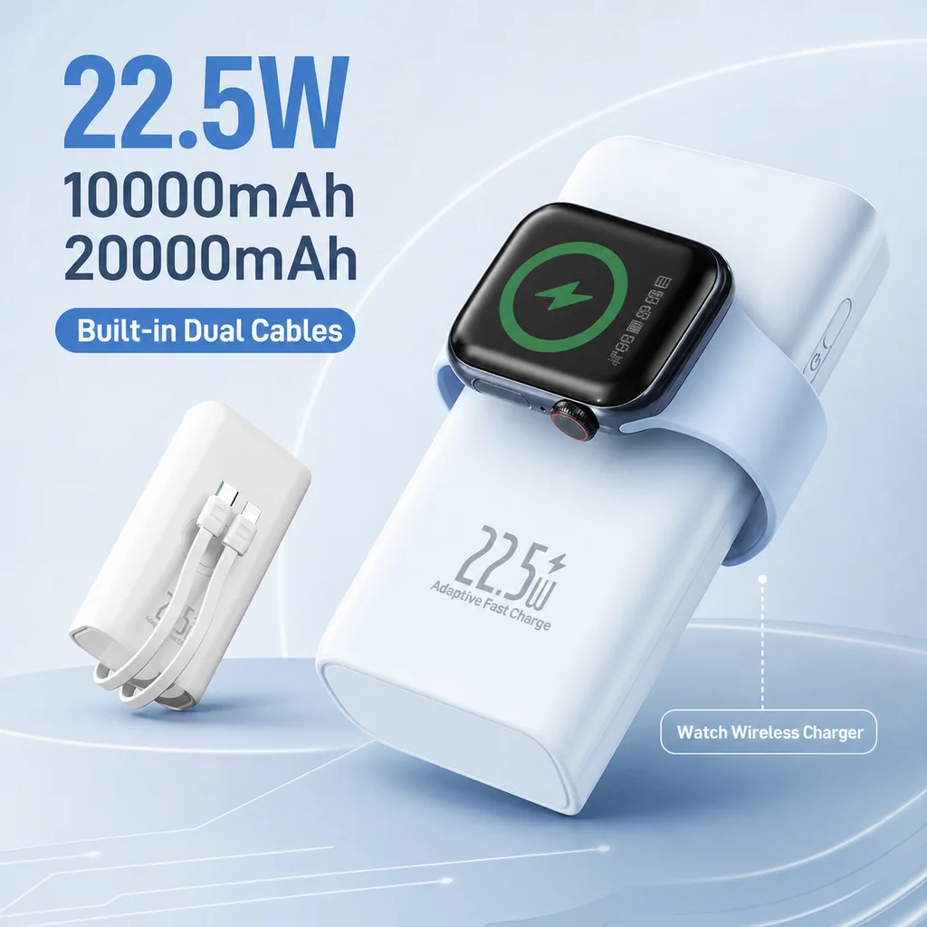 Wireless Power Bank 20000mAh 22.5W Mini Portable Charger with Built-in Cable Supports Watch Charging for Travel