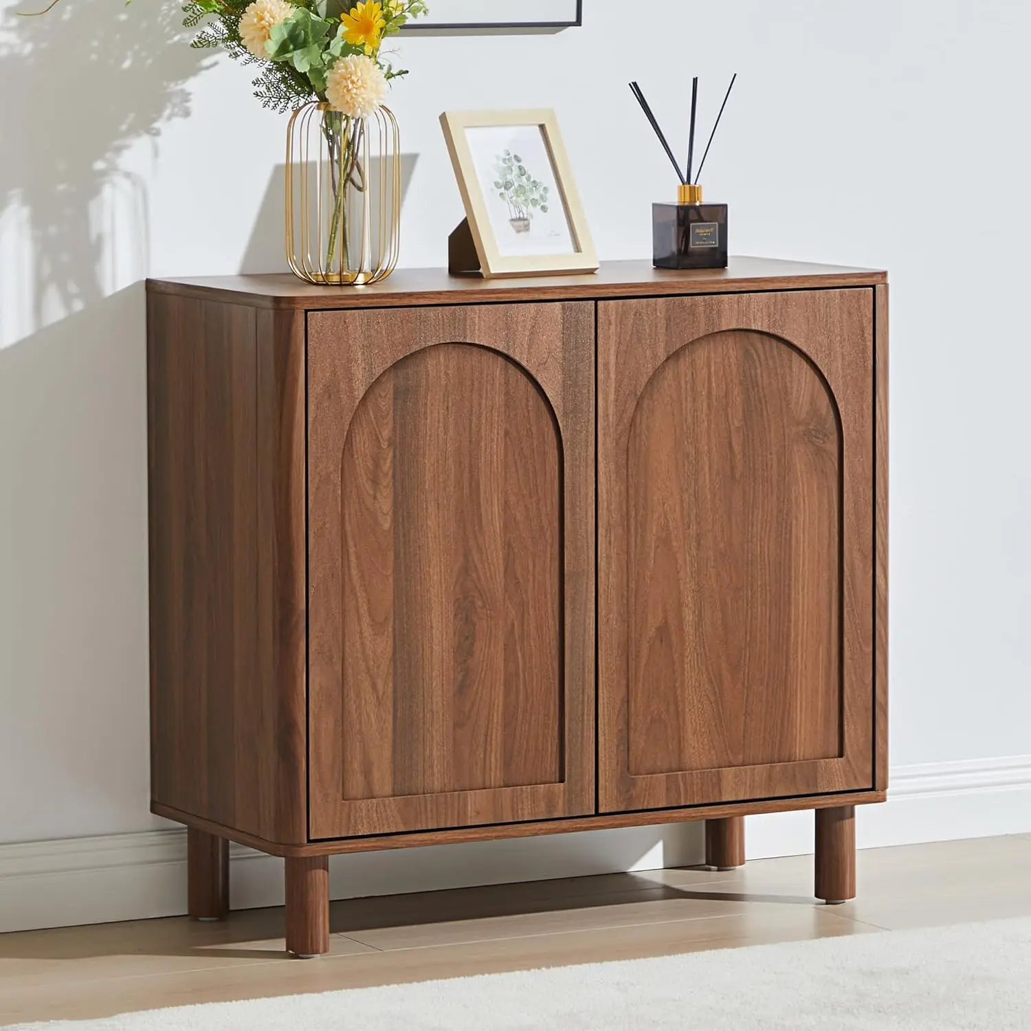 

Modern side panel buffet cabinet with arched doors, kitchen storage cabinet with solid wood legs