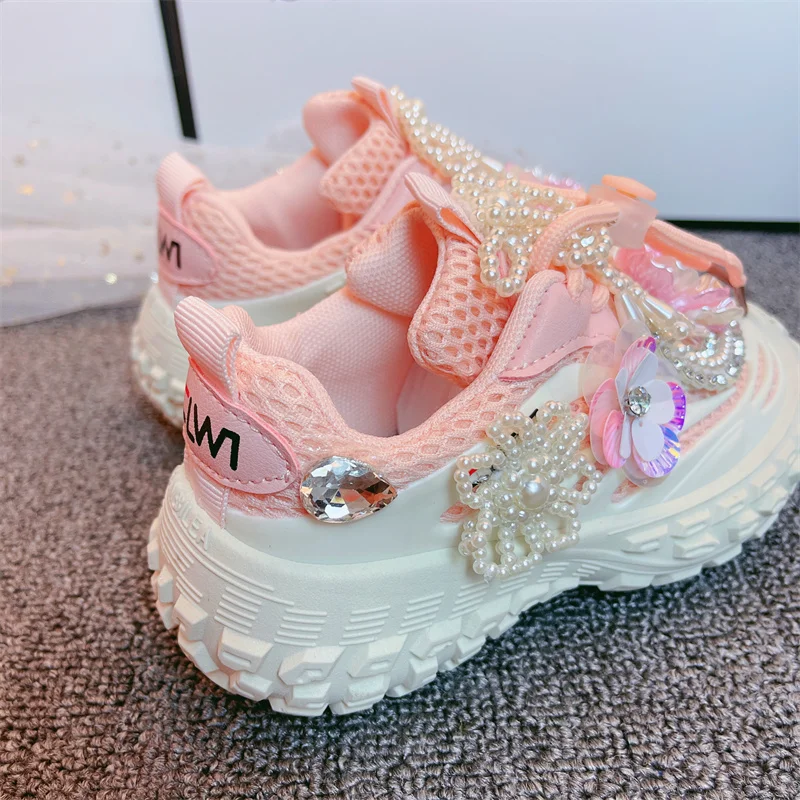 Girls Shoes 2023 Kids Fashion Running Sports Chunky Sneakers Toddler Brand Handmade Princess Shoes Children Pearls Flowers Flats