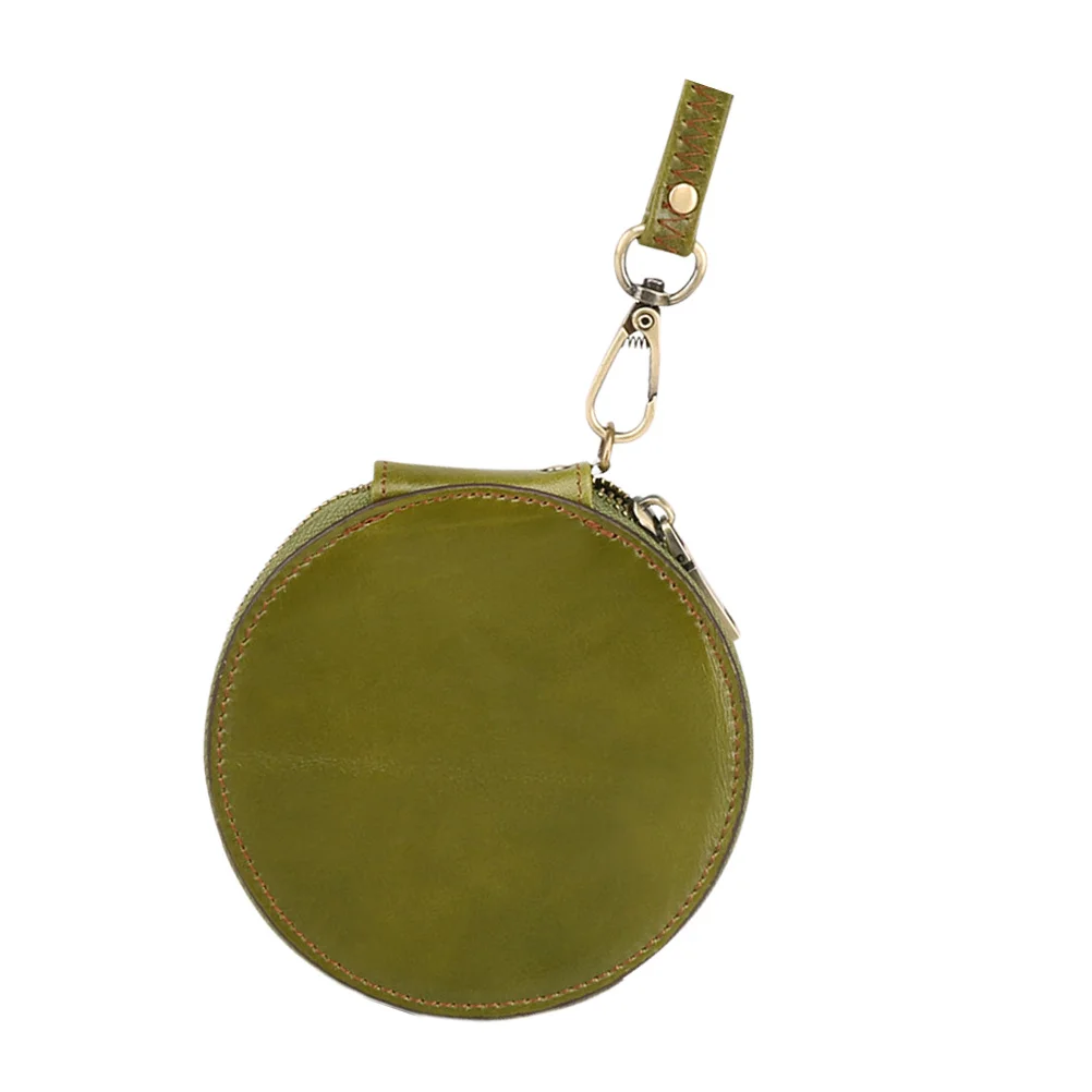 محفظة نقود معدنية من جلد البقر الأصلي، محفظة مستديرة عتيقة لتغيير الأموال الصغيرة، حقيبة صغيرة خضراء مع حبل قصير