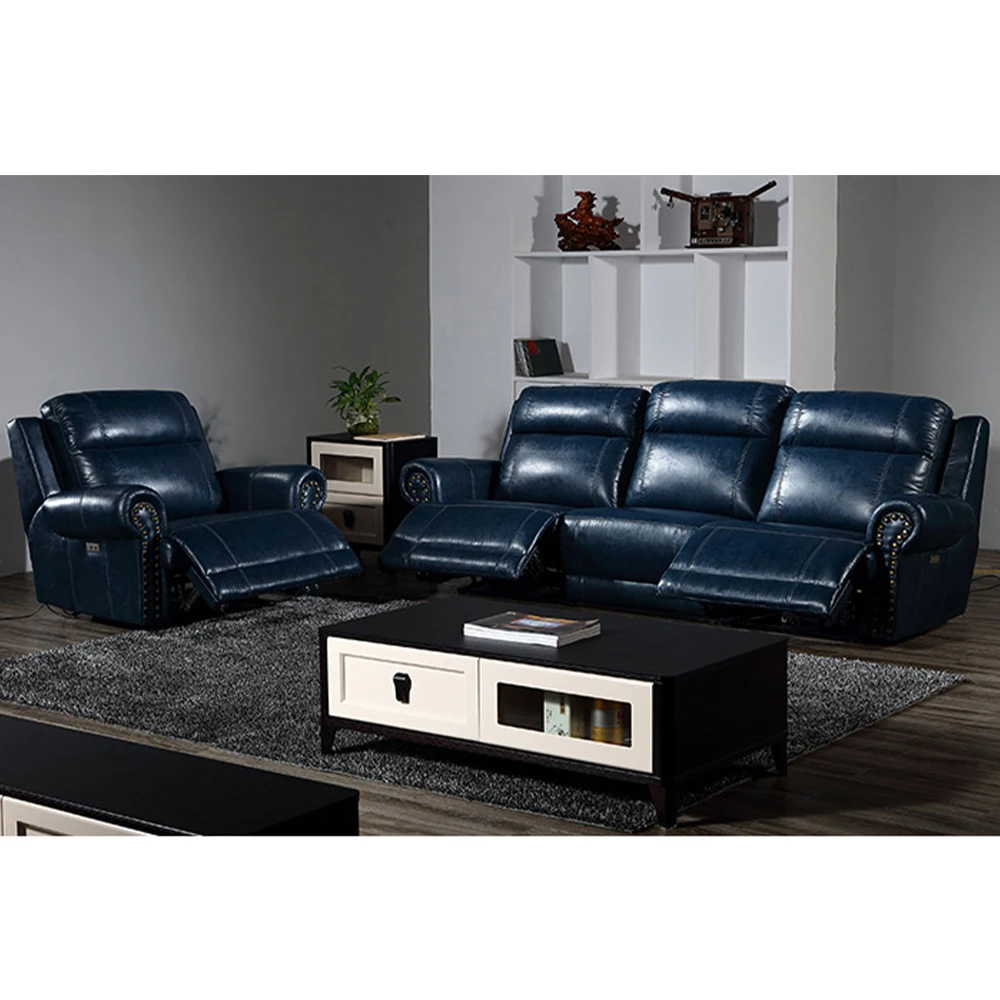 Luxury Genuine Leather Power Recliner Sofa Set, 1+3 Seater Electric Reclining Couch with Nailhead Trim, Home Theater Seating