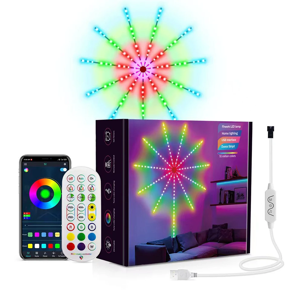 

USB LED Fireworks Strip Lights RGB Festoon Fairy Light Bluetooth APP Control Night Lamp for Holiday Party Living Room Wall Decor